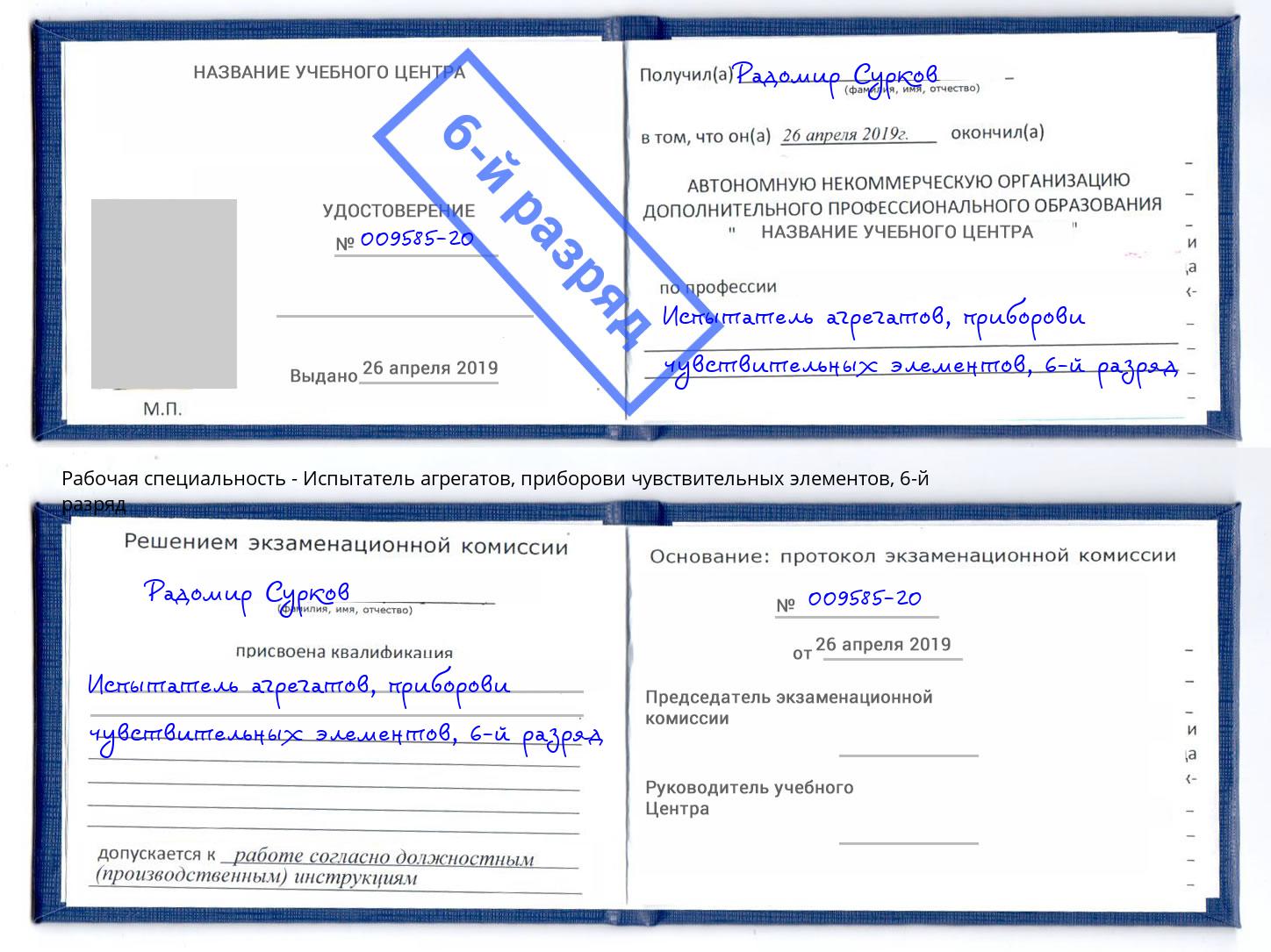 корочка 6-й разряд Испытатель агрегатов, приборови чувствительных элементов Раменское