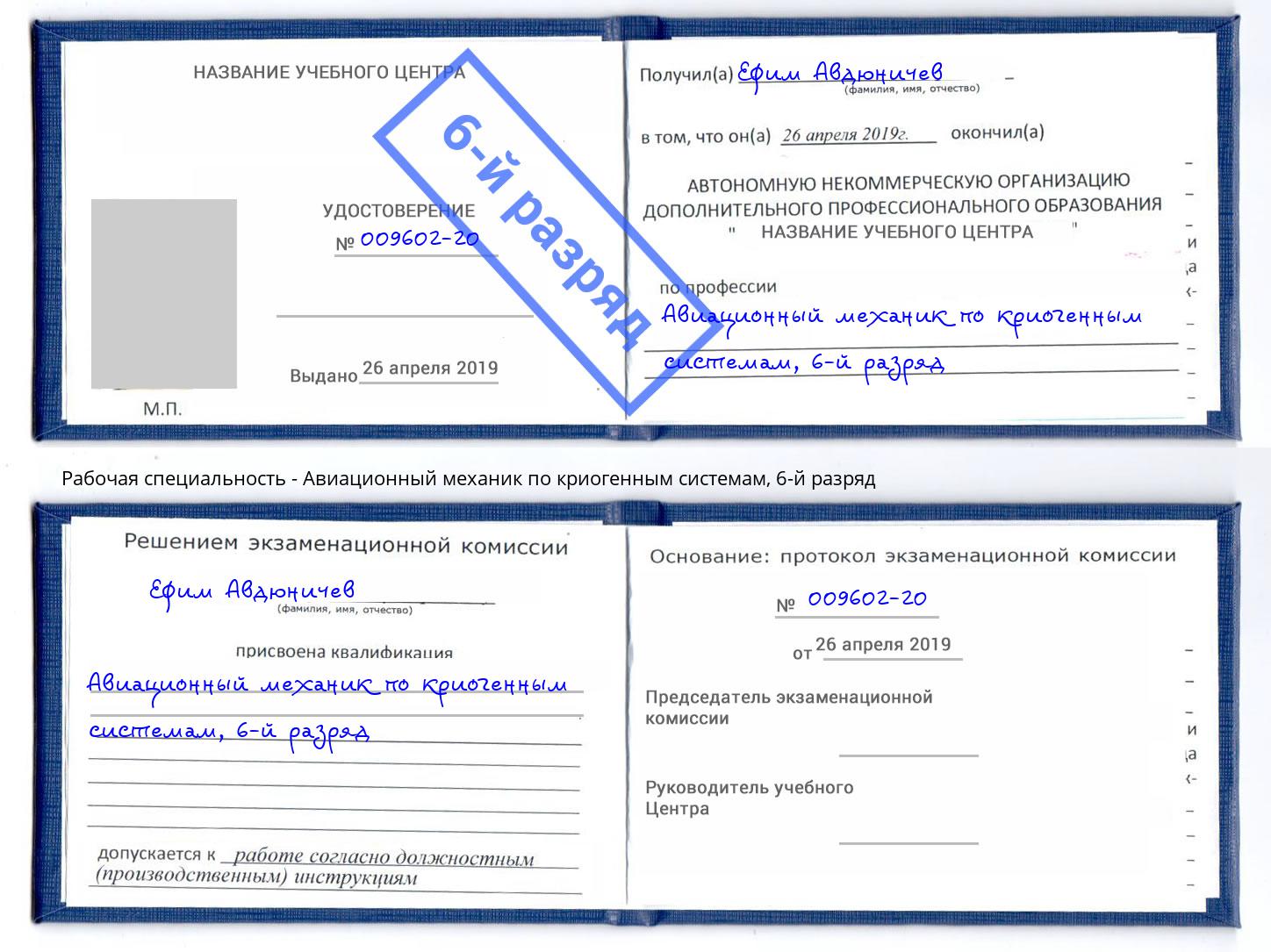 корочка 6-й разряд Авиационный механик по криогенным системам Раменское