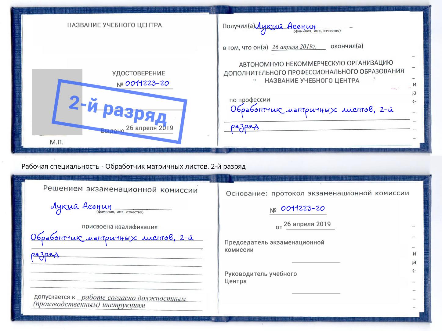 корочка 2-й разряд Обработчик матричных листов Раменское